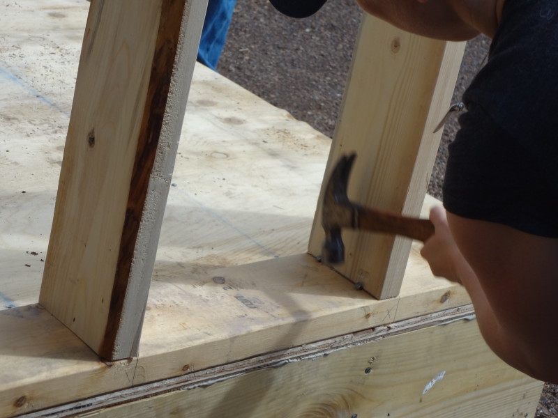 Fastening the bottom plate of the wall frame to plywood base
