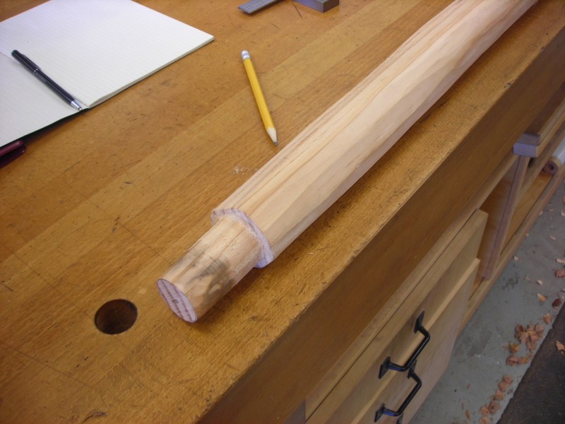 Tenon is shaped with a drawknife and chisel
